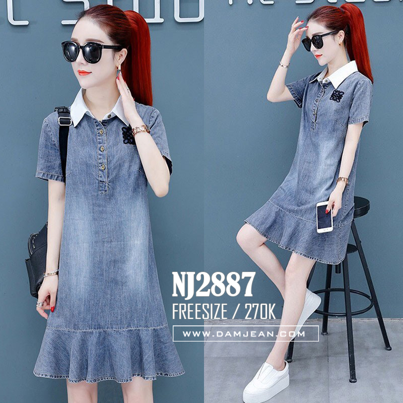 ĐẦM JEAN ĐUÔI CÁ PHỐI CỔ SƠ MI TRẮNG - NJ2887